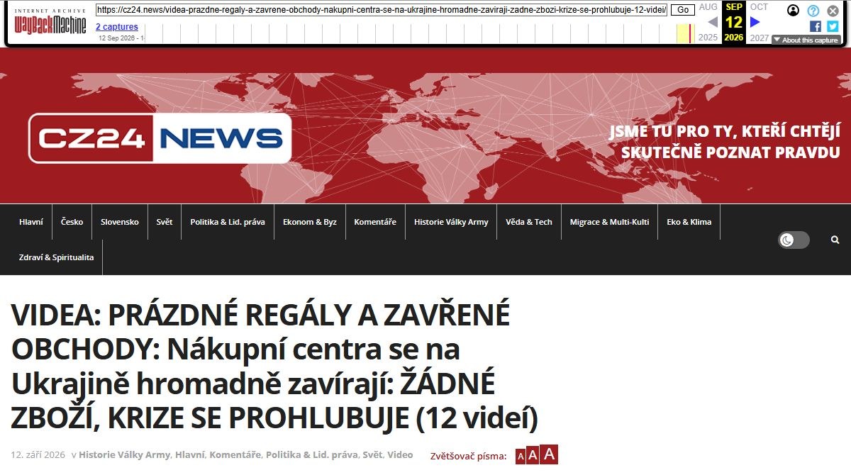 Snímek obrazovky archivní kopie článku na CZ24.NEWS z 12. září 2026
