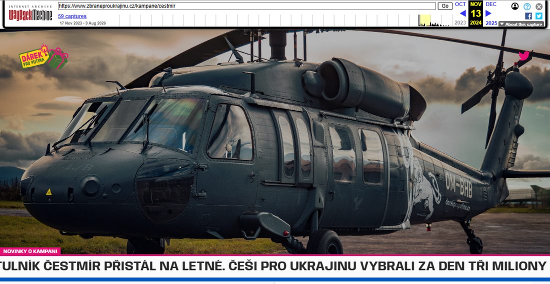 Archivní kopie stránky sbírky z 13. listopadu 2024 s fotkou vrtulníku Black Hawk