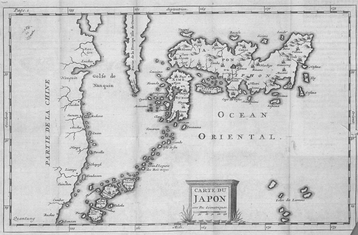 Stará rytina mapy s nadpisem Carte du Japon. Vlevo pobřeží Číny, vpravo nahoře japonské ostrovy, dole řetěz ostrůvků a mezi nimi ostrov popsaný jako Formosa.