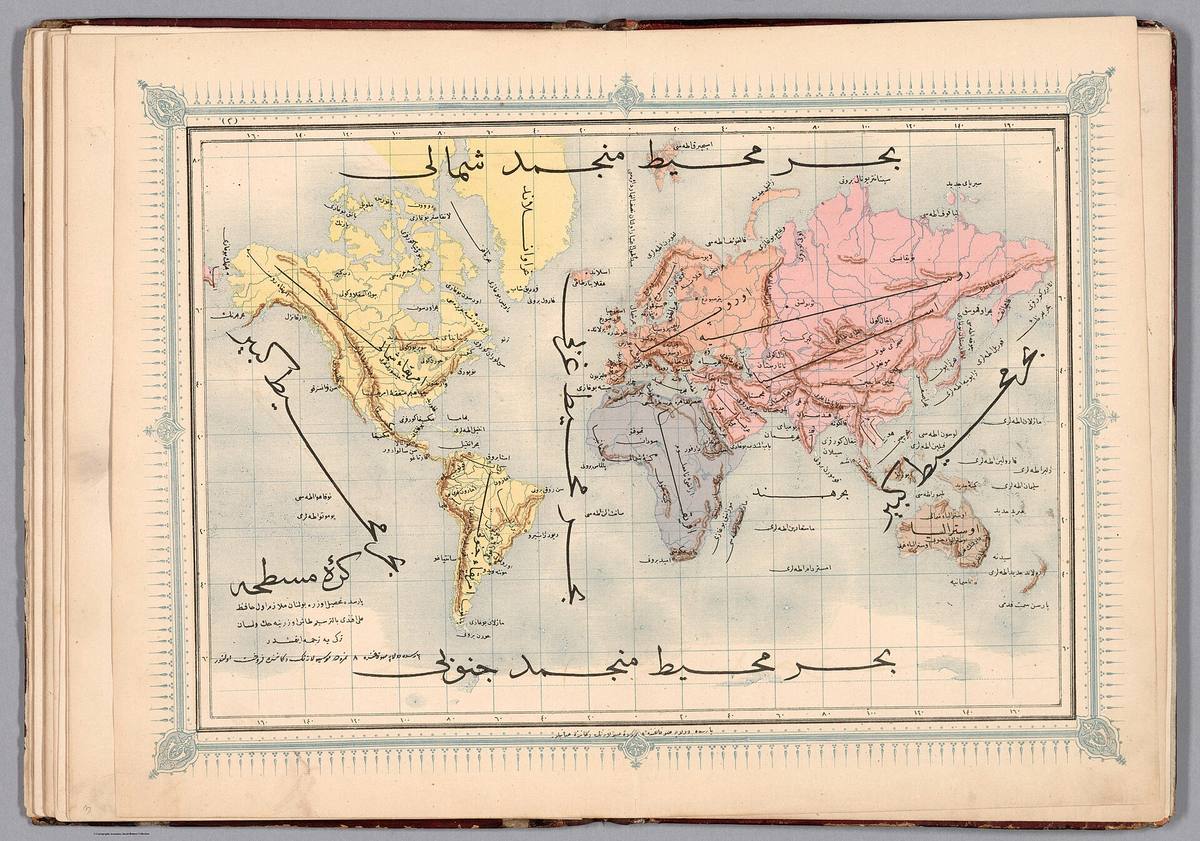 Barevná mapa světa z osmanského zeměpisného atlasu z roku 1868