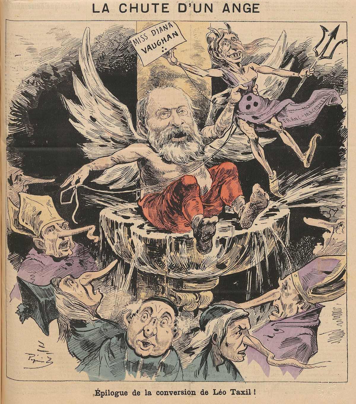 Barevná karikatura: vousatý muž s andělskými křídly padá do kropenky, nad ním poletuje čertice s cedulkou Miss Diana Vaughan a dole se na něj dívají kněží s dlouhými nosy.