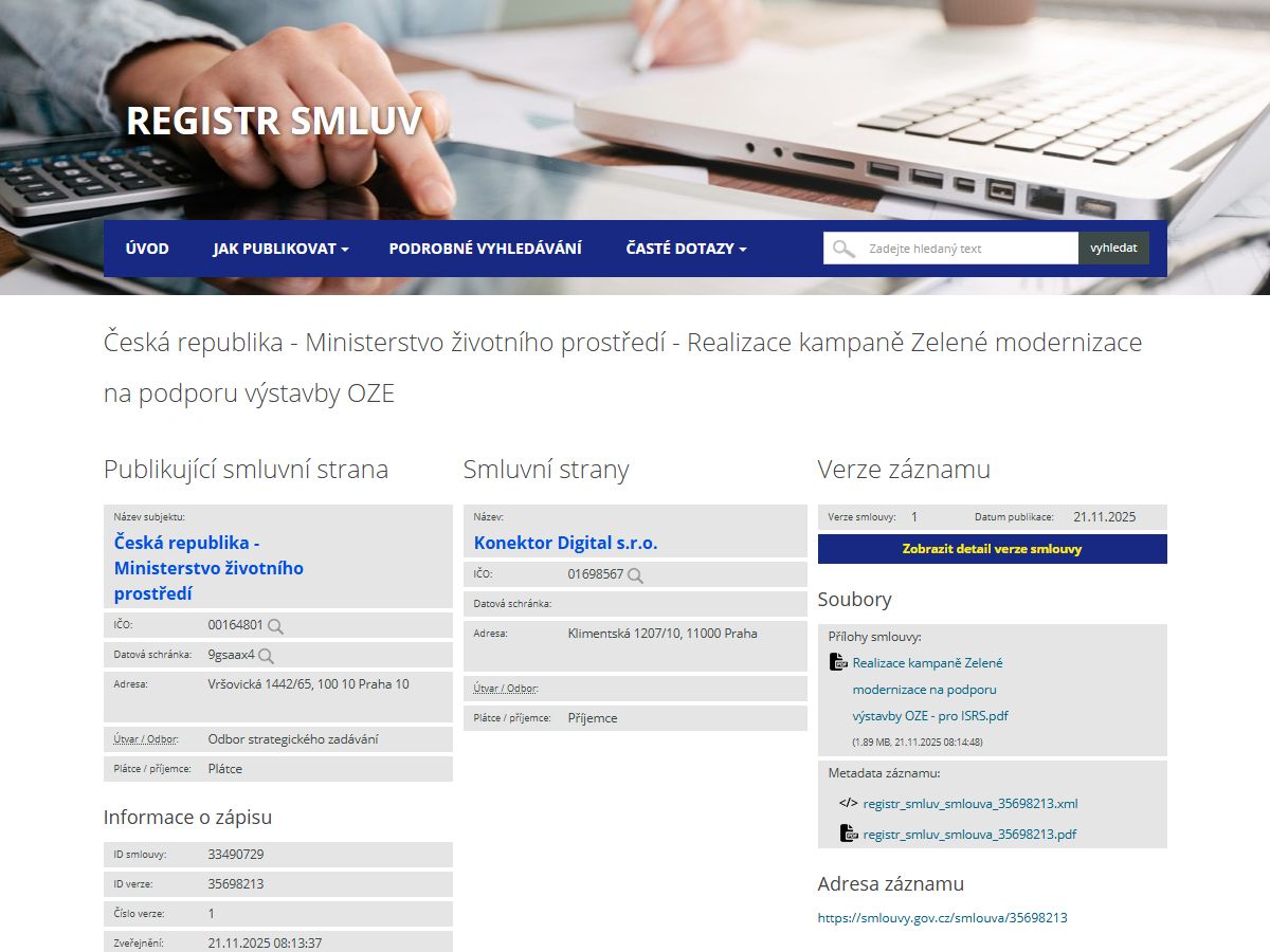 Záznam smlouvy v registru smluv s údaji o smluvních stranách, ceně a verzi záznamu