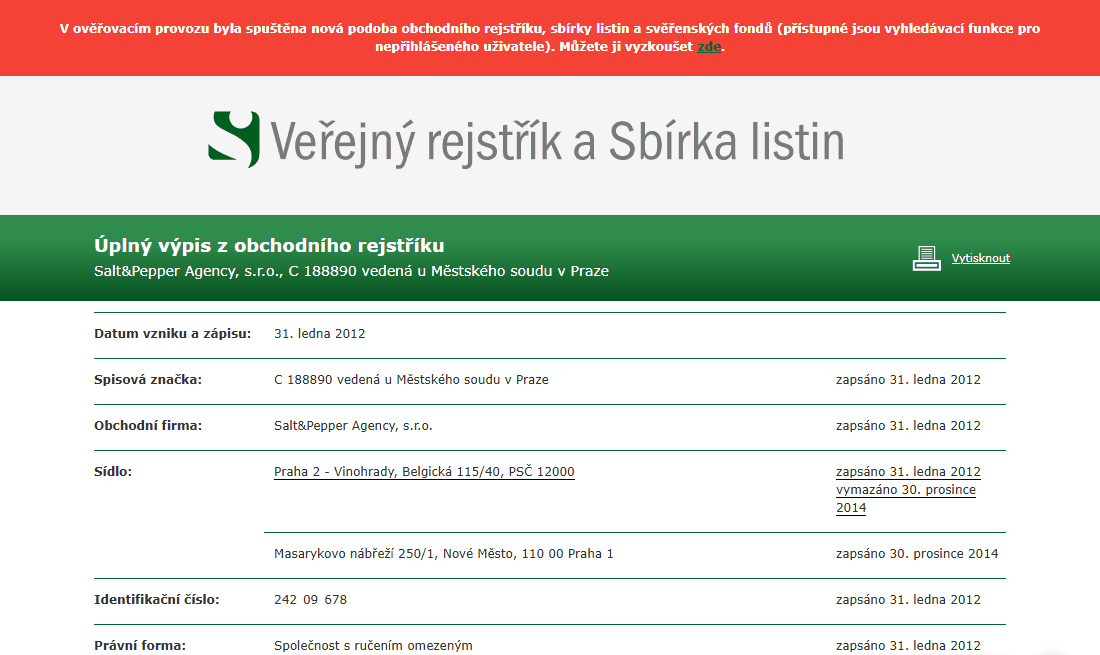 Úplný výpis z obchodního rejstříku na stránce Veřejný rejstřík a Sbírka listin