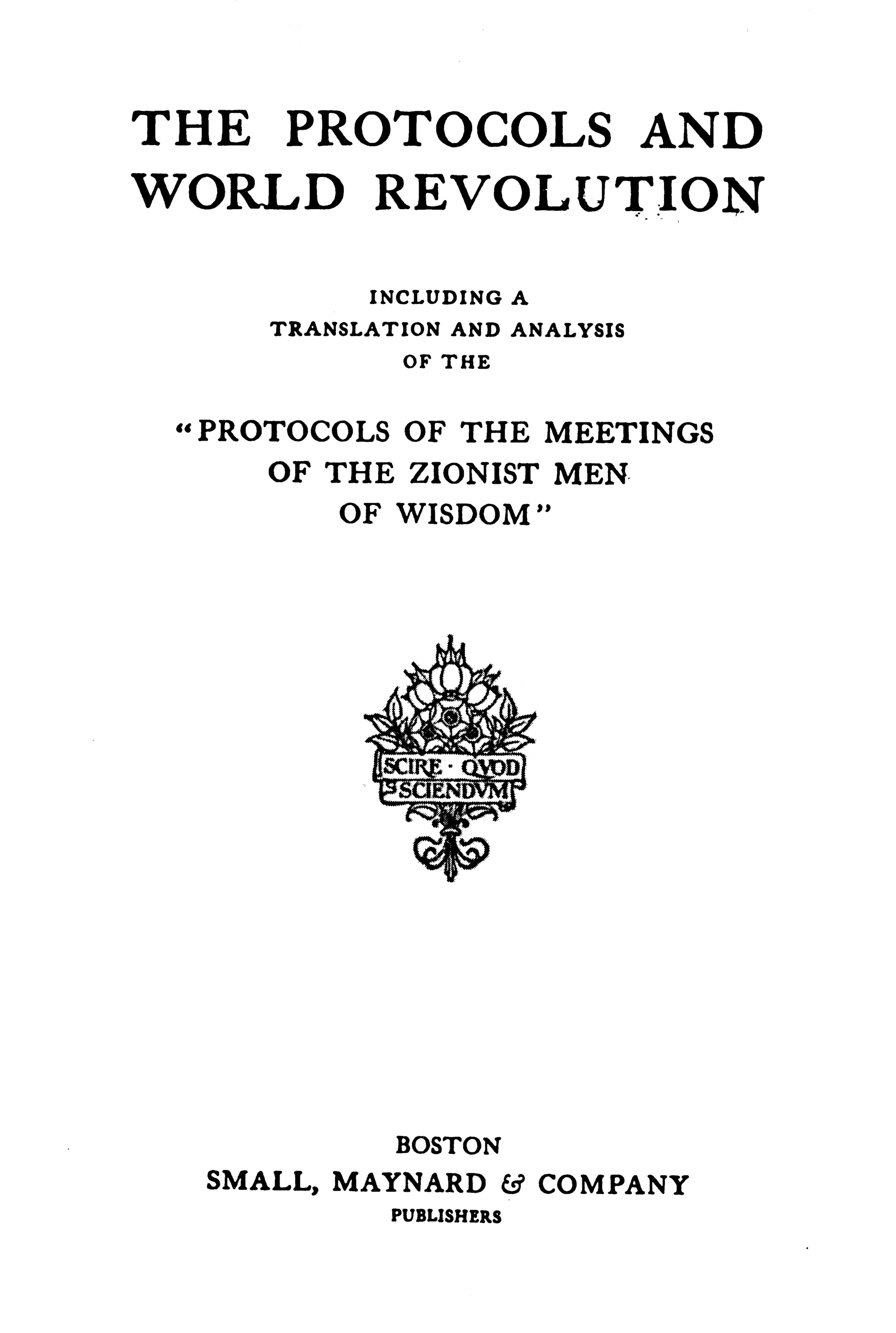 Titulní strana amerického vydání Protokolů sionských mudrců z roku 1920