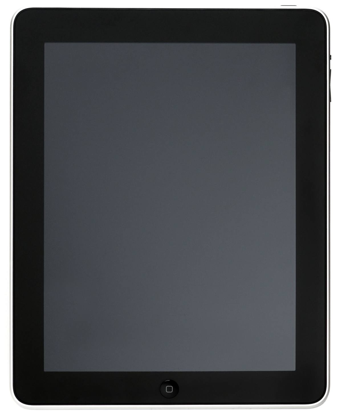 Tablet iPad první generace z roku 2010, pohled zepředu na bílém pozadí