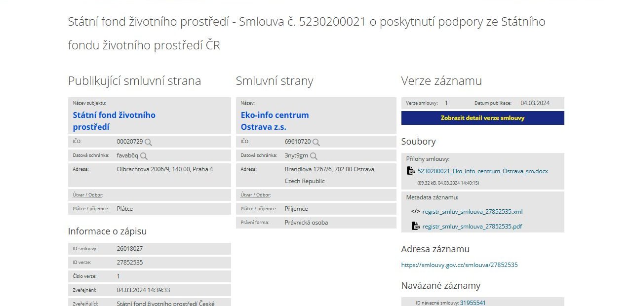 Záznam smlouvy Státního fondu životního prostředí s Eko-info centrem Ostrava v registru smluv