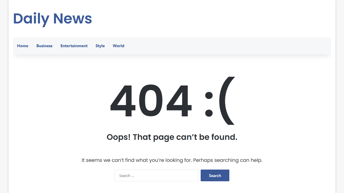 Chybová stránka webu Daily News s velkým nápisem 404 a hláškou, že stránka nebyla nalezena