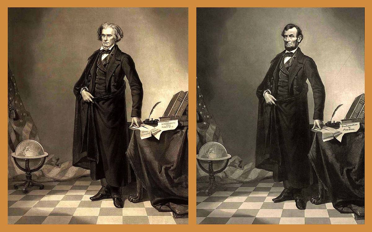 Rytina z roku 1852 vedle téhož výjevu s vsazenou hlavou Abrahama Lincolna