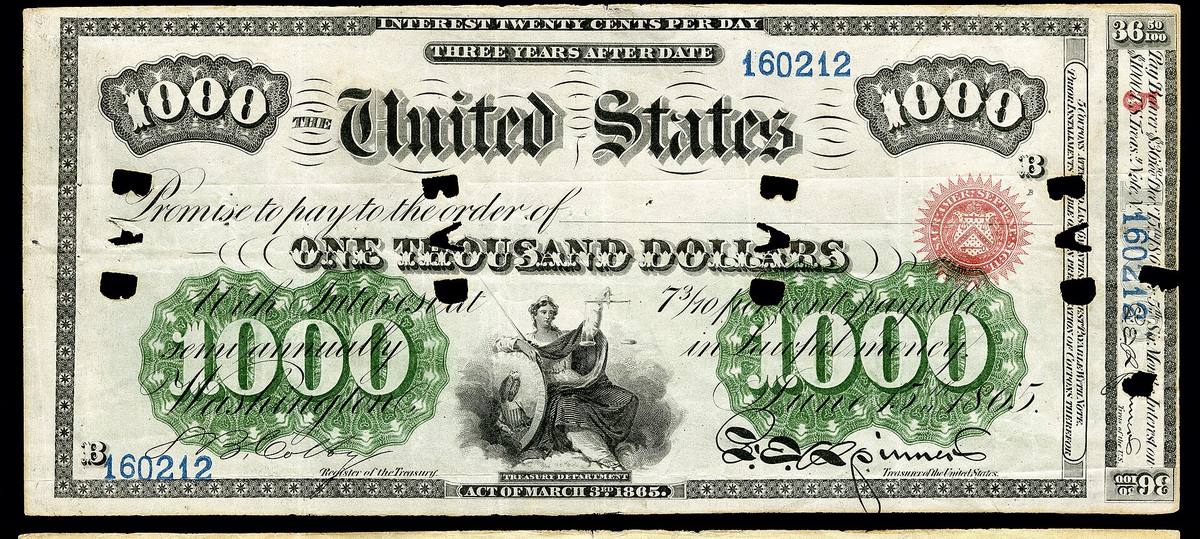 Padělaná americká bankovka z roku 1865 ze sbírky muzea