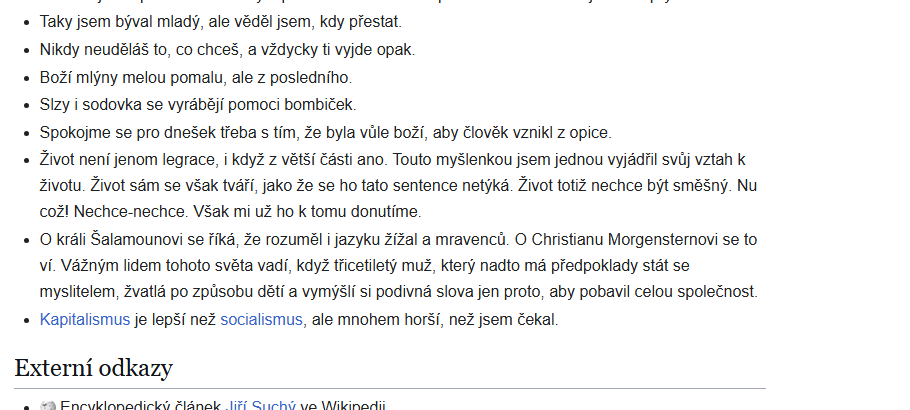 Výpis citátů v hesle Jiří Suchý na Wikicitátech, poslední řádek nese výrok o kapitalismu a socialismu