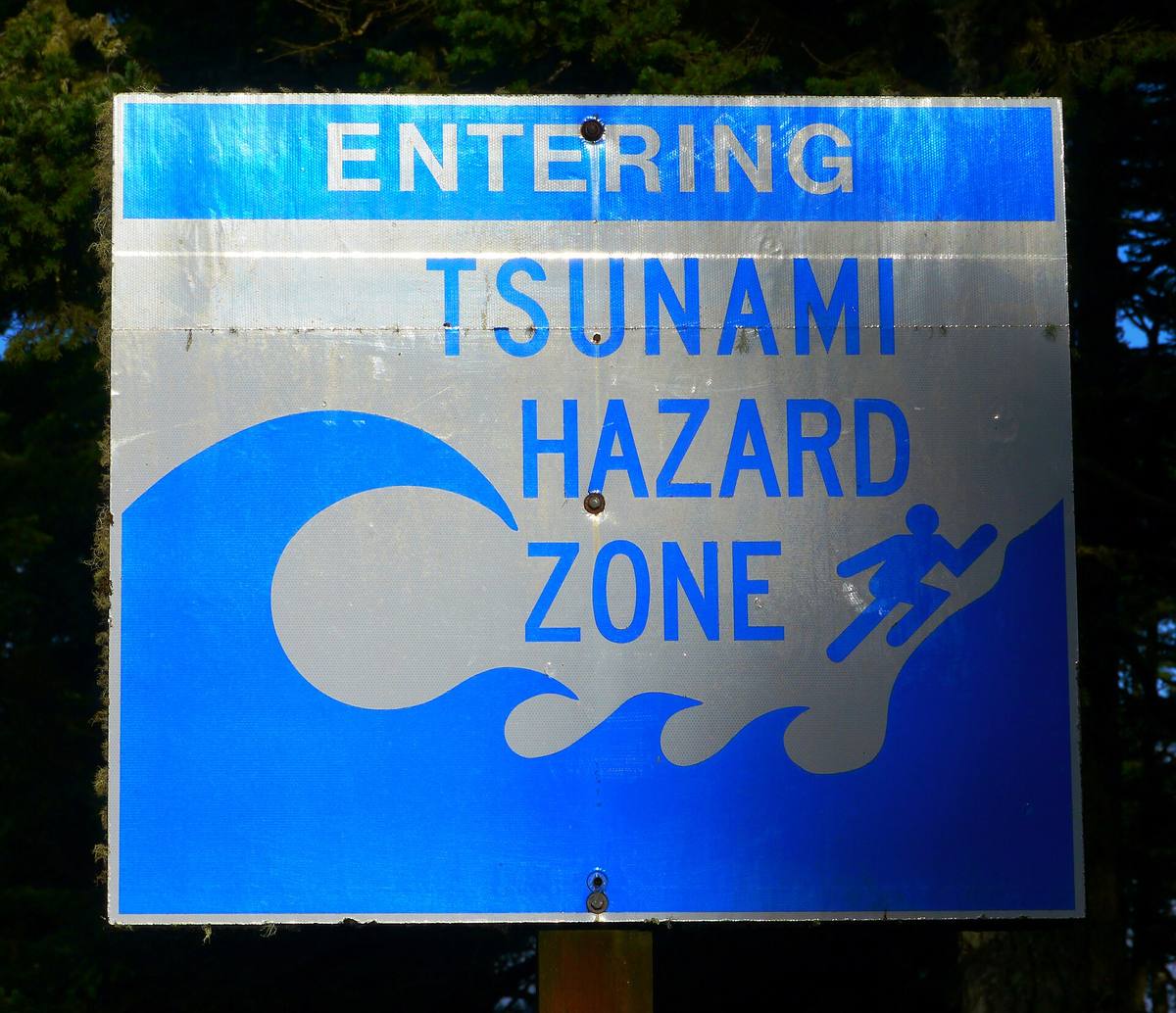 Dopravní značka Entering Tsunami Hazard Zone u pobřeží Oregonu, v pozadí les