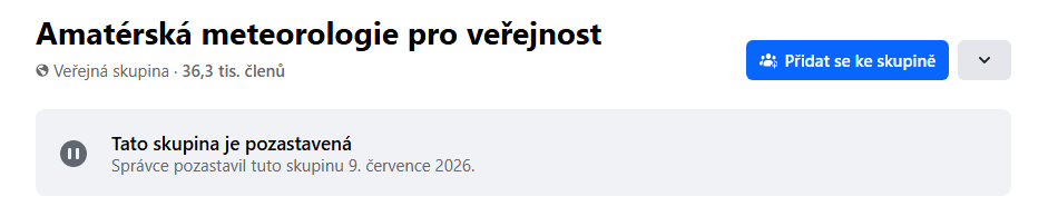 Hlavička stránky skupiny s oznámením, že skupina je pozastavená